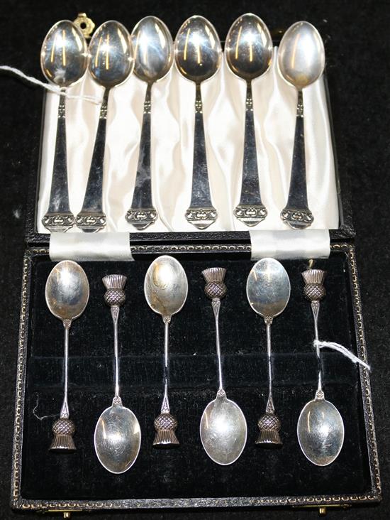 Set of 6 silver (830) Saga pattern coffee spoons, Mylius Brodrene, Norway & 6 Scottish silver coffee spoons with thistle finials, cased